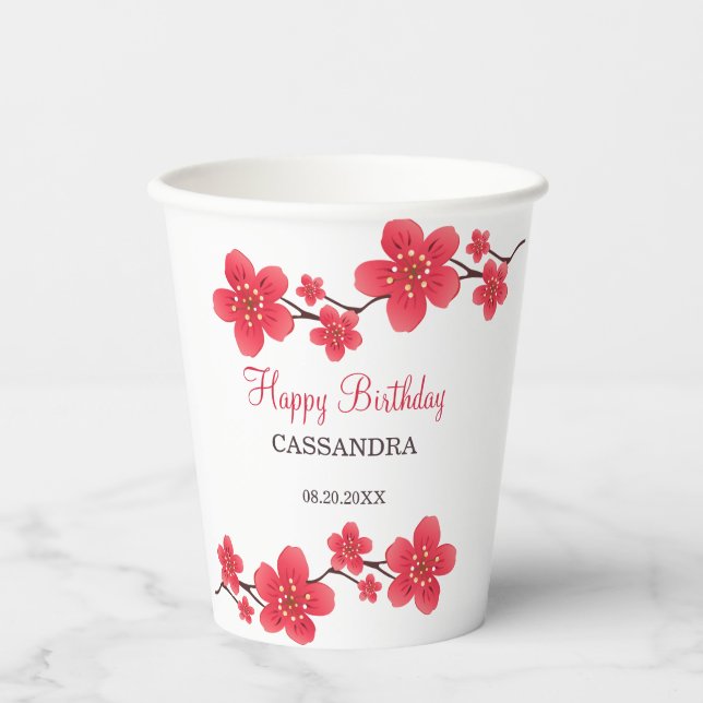 Modern Floral Red Cherry Blossom Sakura Birthday Paper Cups (Front)