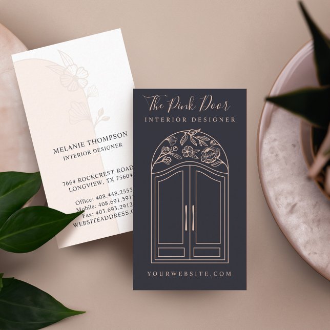 Modern Floral Rose Arch Entrance Front Door Navy Business Card (Modern Floral Rose Arch Entrance Front Door Navy Business Card)