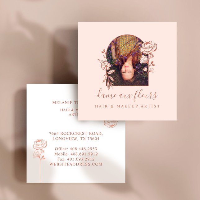 Modern Floral Rose Beauty Photo Arch Pink & Brown Square Business Card (Modern Floral Rose Beauty Photo Arch Pink & Brown Square Business Card)