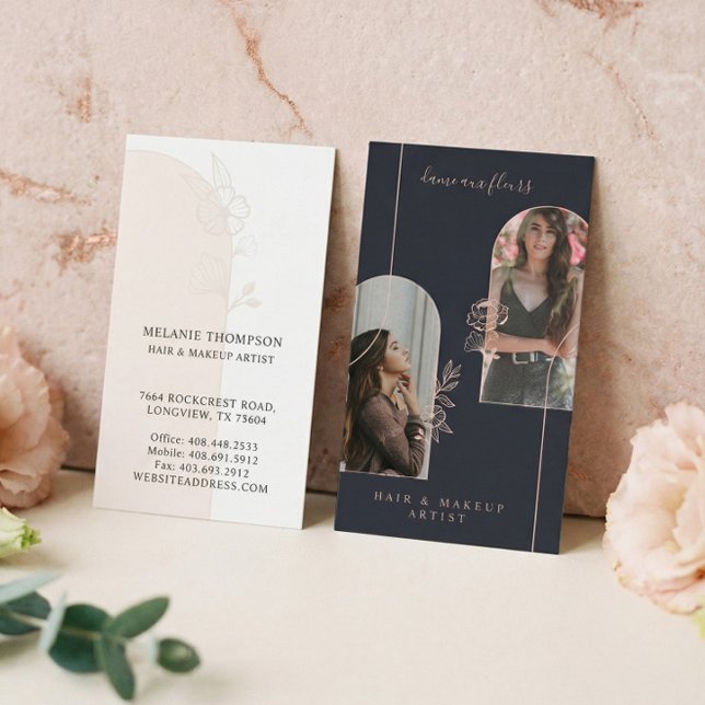 Modern Floral Rose Beauty Photo Arches Navy Business Card (Luxury Floral Beauty Hair Makeup Artist Arch Photo Business Card)