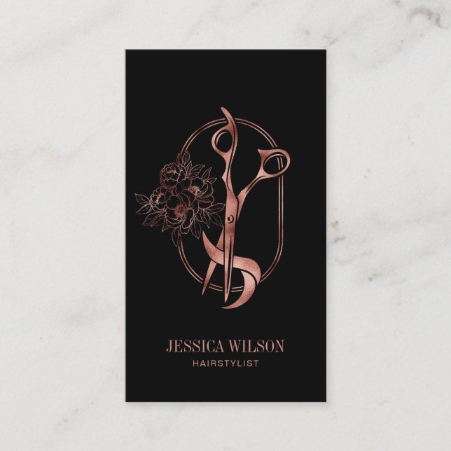 Modern Floral Rose Gold Hairstylist QR Code Business Card (Front)