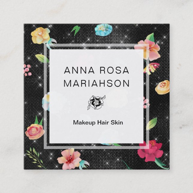 ** Modern Floral Rose Pattern Silver Glitter Square Business Card (Front)