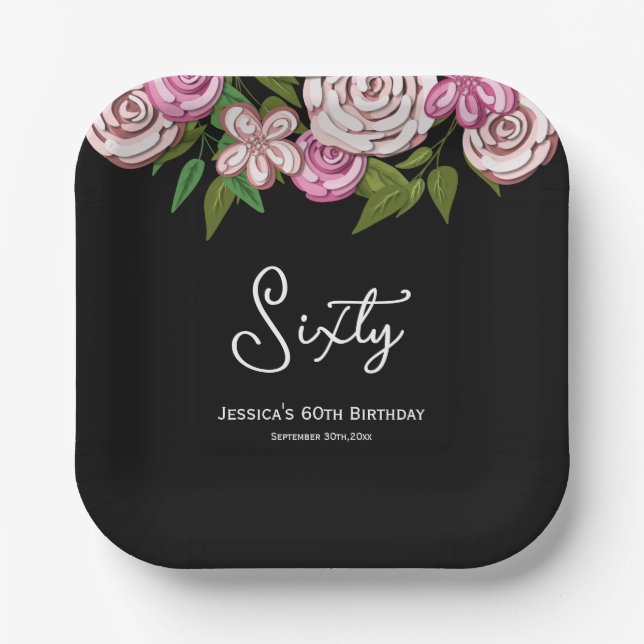 Modern Floral Script 60th Birthday Paper Plate (Front)