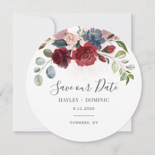 Modern Floral Script Burgundy Save our Date