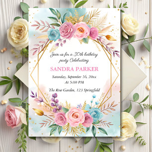  Modern floral script Stylish chic gold birthday  Invitation