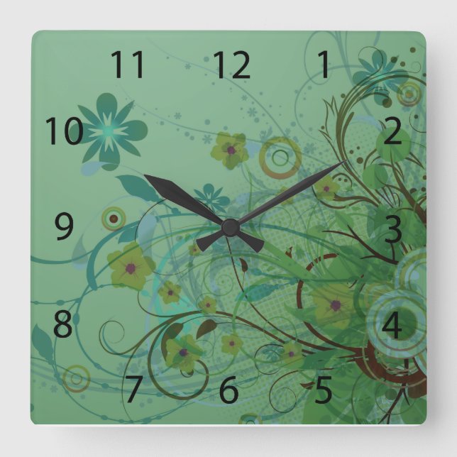 Modern Floral Sea Green Square Wall Clock (Front)