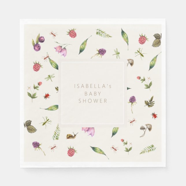 Modern Floral Shower Greenery Berries Insects Napkin (Front)