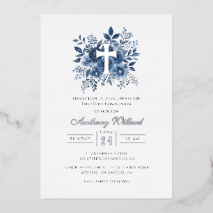 Modern Floral Silver Cross Boys First Communion 