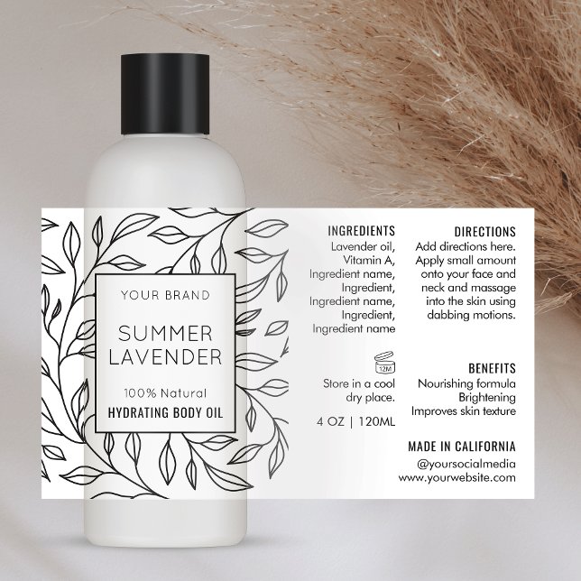 Modern Floral Simple 4 OZ Cosmetic Bottle Label (Minimalist black and white floral design cosmo bottle wrapper style label design)