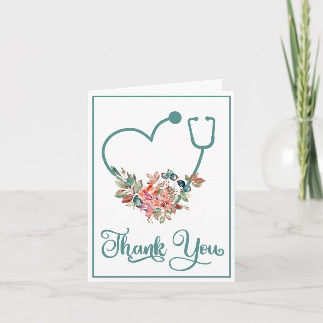 Modern Floral Stethoscope Heart Caregiver Thank You Card (Front)