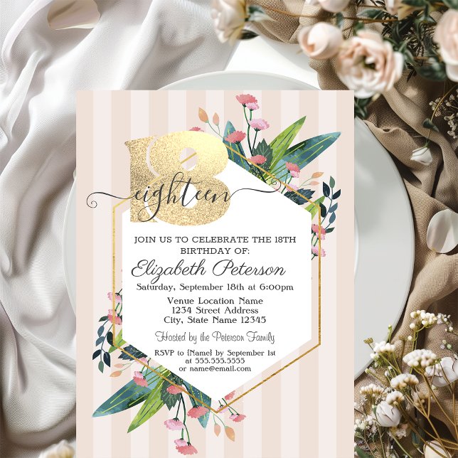 Modern Floral Striped 18th Birthday  Invitat Invitation (Creator Uploaded)