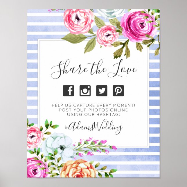 Modern Floral Stripes Wedding Hashtag Photo Sign (Front)