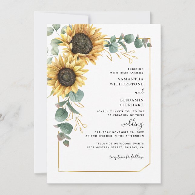Modern Floral Sunflower Eucalyptus Wedding Invitation (Front)