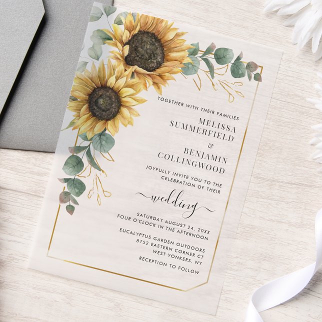 Modern Floral Sunflower Eucalyptus Wedding Vellum Invitations (Floral Sunflower Eucalyptus Greenery Wedding Vellum Invitation)