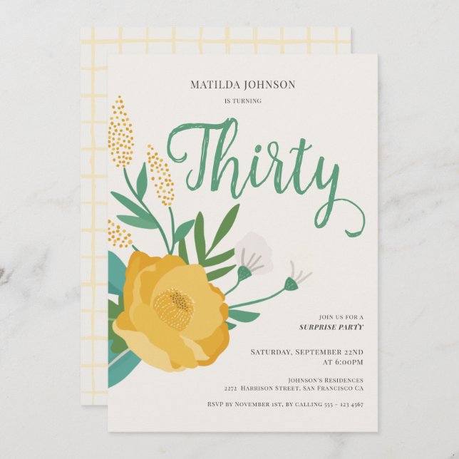 Modern Floral Surprise 30th Birthday Party Invitation (Front/Back)