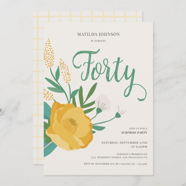Modern Floral Surprise 40th Birthday Party Invitation (Front/Back)