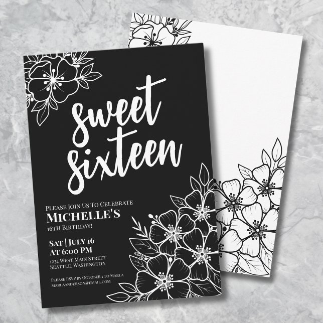 Modern Floral Sweet Sixteen Birthday Party Invitation (Black White Floral Sweet Sixteen Birthday Party Invitation)