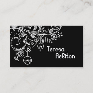 Modern floral swirls & birds black, white business card