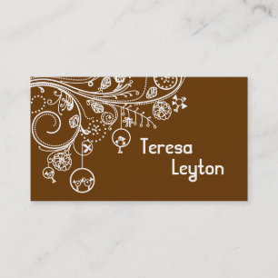 Modern floral swirls & birds brown business card