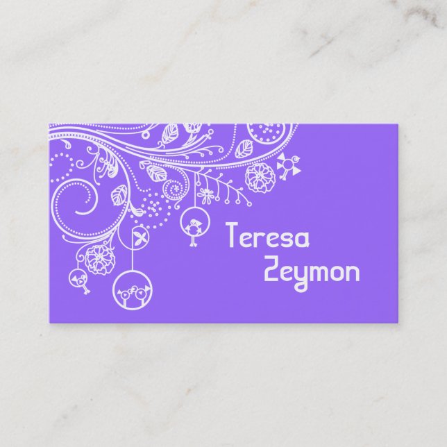 Modern floral swirls & birds purple business card (Front)