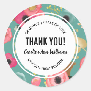 Modern Floral Thank You Graduation  Classic Round Sticker