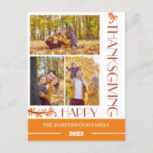 Modern Floral Thanksgiving Family photo Collage Holiday Postcard