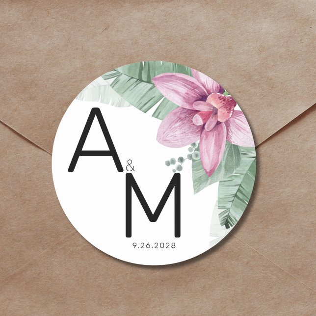 Modern Floral Tropical Wedding Classic Round Sticker (Modern Watercolor Floral Tropical Wedding Monogram Classic Round Sticker)