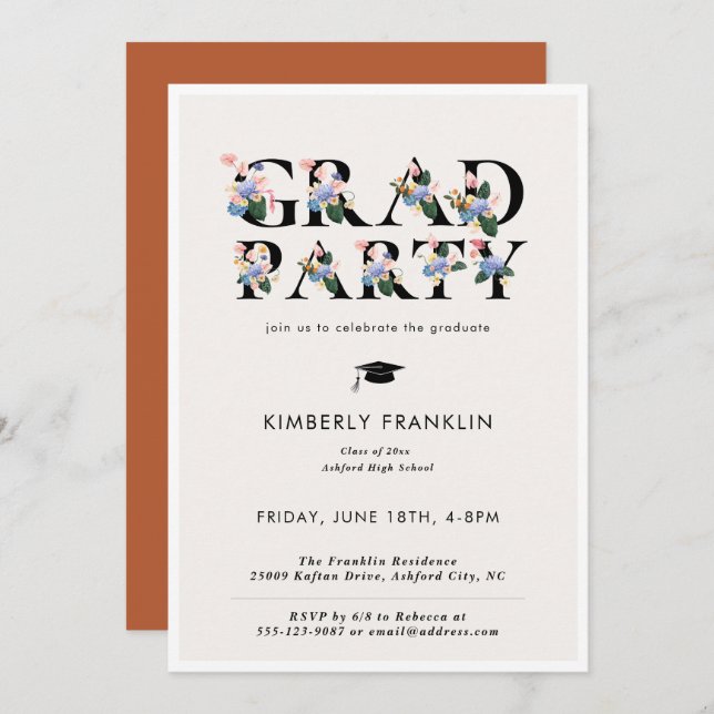 Modern Floral Typography GRAD PARTY Invitation (Front/Back)