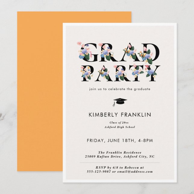 Modern Floral Typography GRAD PARTY Invitation (Front/Back)