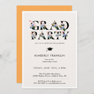 Modern Floral Typography GRAD PARTY Invitation
