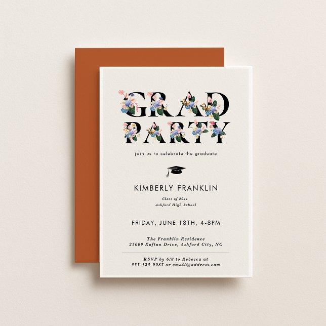 Modern Floral Typography GRAD PARTY Invitation (Creator Uploaded)