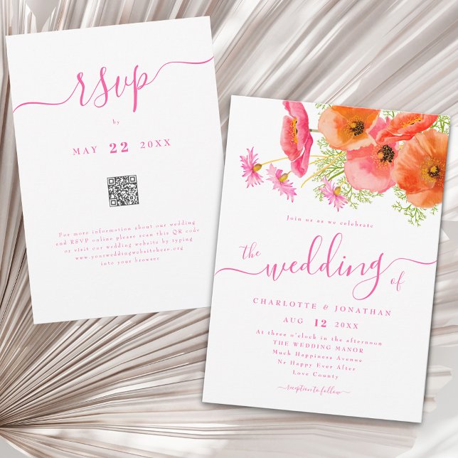Modern Floral Vibrant Pink Orange Wedding Qr Code Invitation (Modern boho chic vibrant wildflower watercolor floral bouquet pink orange wedding qr code invitation)