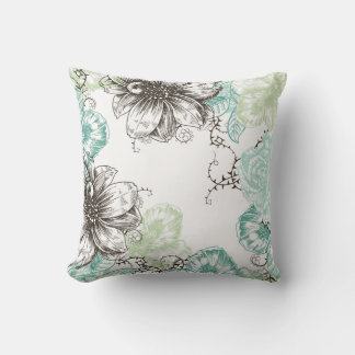 Modern Floral Vintage Graphic Flowers Aqua Black Cushion
