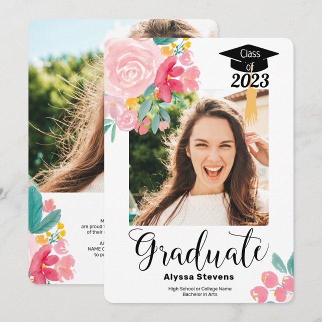 Modern floral watercolor 2 photos graduation announcement (Front/Back)