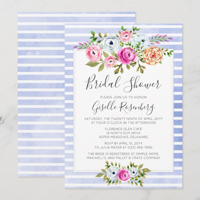 Modern Floral Watercolor Bridal Shower Invitation (Front/Back)