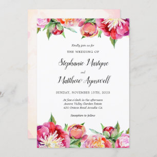 Modern Floral Watercolor Coral Peony Wedding Invitation