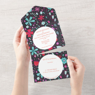 Modern Floral Watercolor Dark All In One Invitation