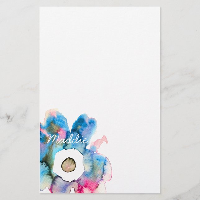 Modern floral watercolor hand drawn flower stationery (Front)