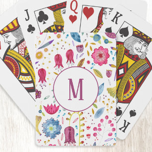 Modern Floral Watercolor Monogram Playing Cards