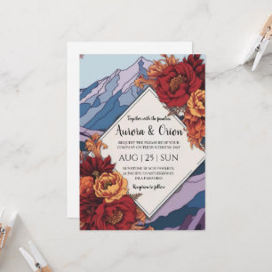 modern floral watercolor mountain wedding invitation