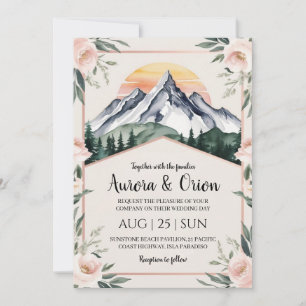 modern floral watercolor mountain wedding invitation