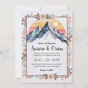 modern floral watercolor mountain wedding invitation