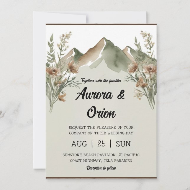 modern floral watercolor mountain wedding invitation (Front)