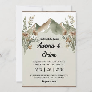 modern floral watercolor mountain wedding invitation