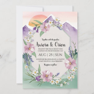 modern floral watercolor mountain wedding invitation