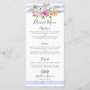 Modern Floral Watercolor Navy Stripe Dinner Menu