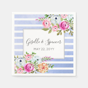 Modern Floral Watercolor Navy Stripe Wedding Napkin