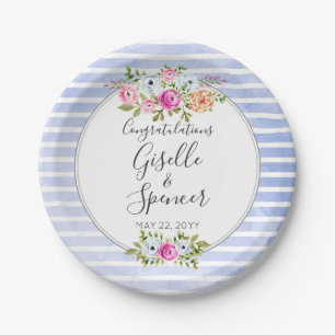 Modern Floral Watercolor Navy Stripe Wedding Paper Plate