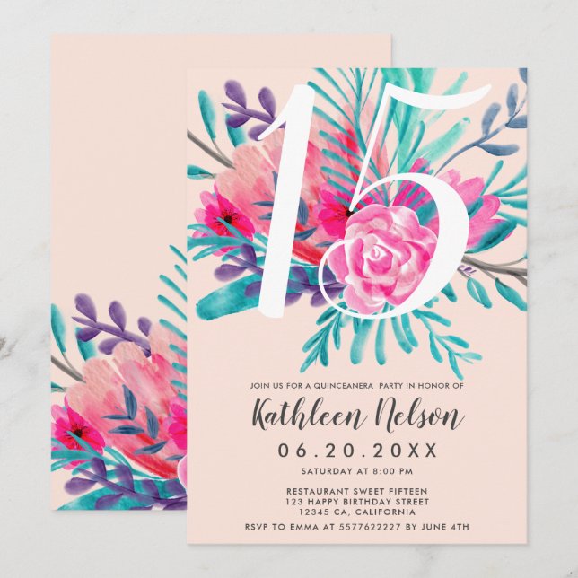 Modern floral watercolor neon pink Quinceanera Invitation (Front/Back)