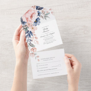 Modern Floral Watercolor Pink Baby Shower All In One Invitation